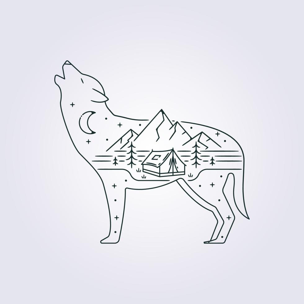 campamento de aventura abstracto en la naturaleza con diseño de ilustración de lobo, ropa imprimible, diseño de símbolo de icono de logotipo vectorial vector