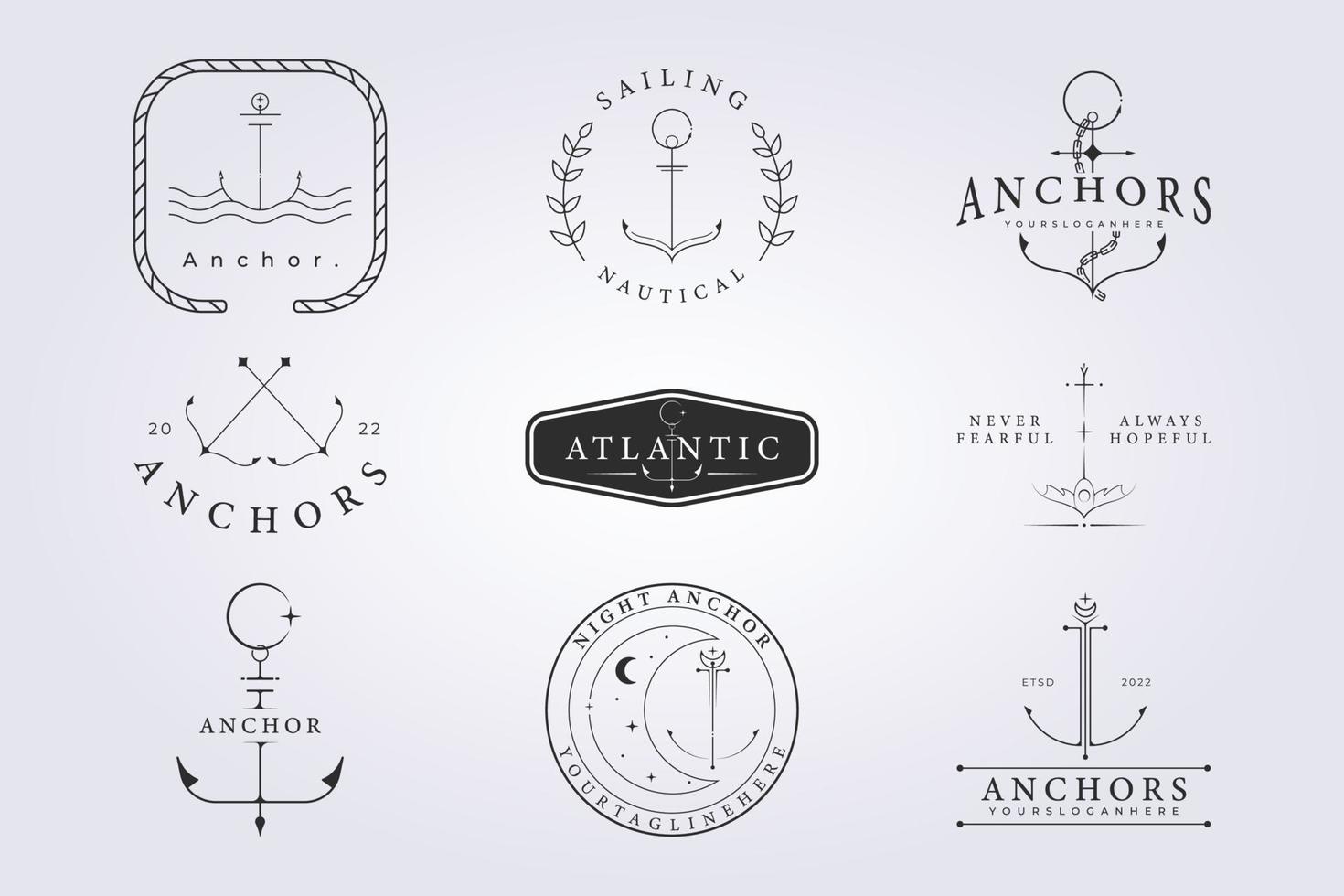 conjunto de ancla de insignias de marinero diseño de ilustración vectorial para logotipo, impresión, ropa, camisa, icono, etiqueta. varios iconos náuticos de piratas oceánicos de onda de paquete de colección con arte lineal y estilo de tatuaje vector