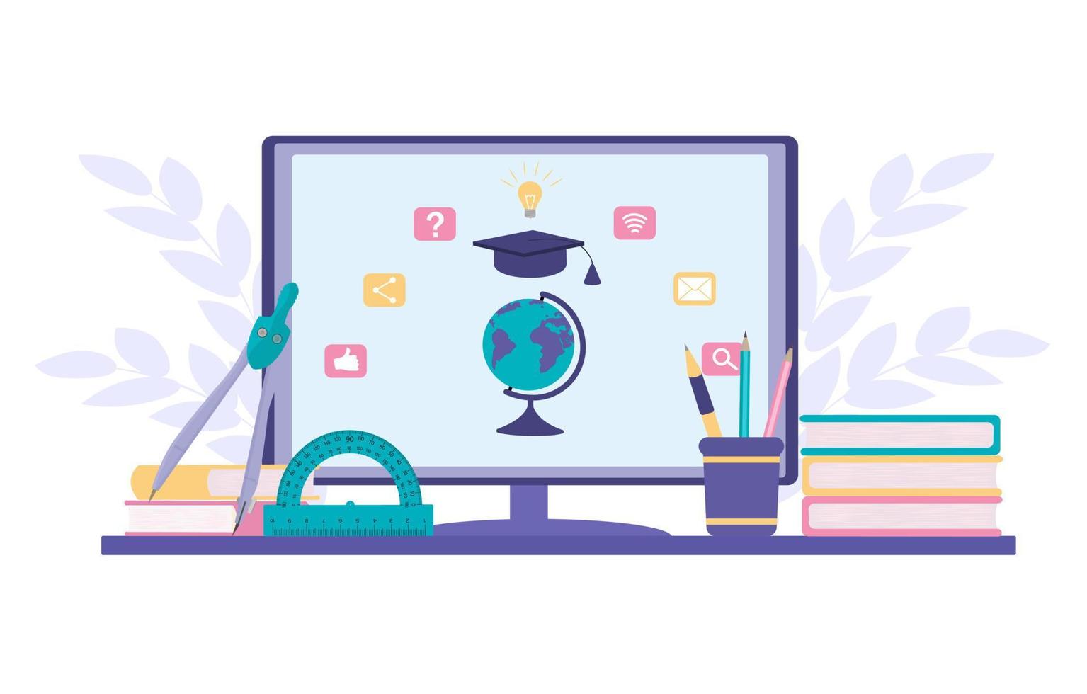 E-learning banner. Online education, home schooling. Web courses or tutorials concept. Education vlog. Vector flat illustration