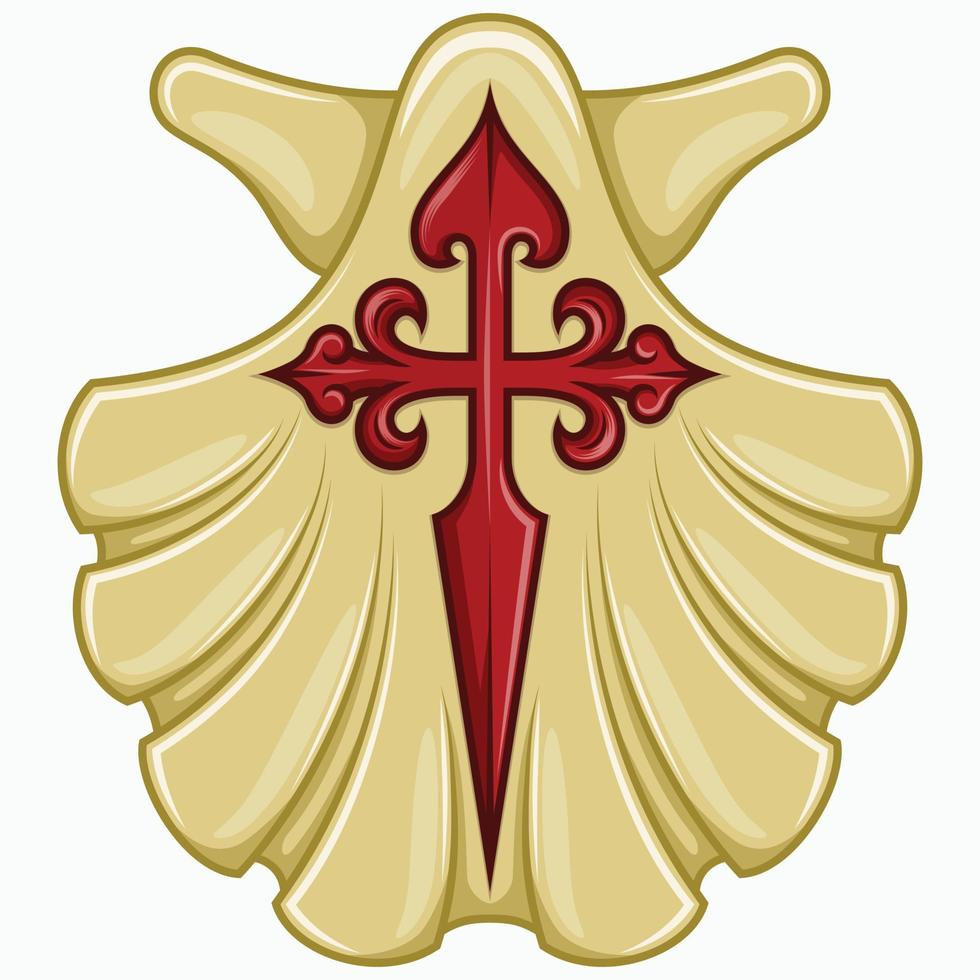 Marian shell vector design with the cross of the apostle Santiago, symbol of the Camino de Santiago de Compostela, cross of the order of Santiago