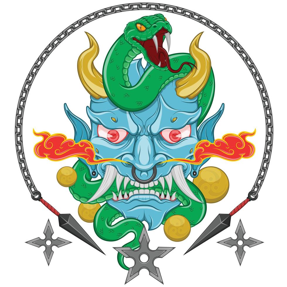 diseño de vector de demonio tradicional japonés con serpiente, máscara de hannya de demonio japonés oni con serpientes