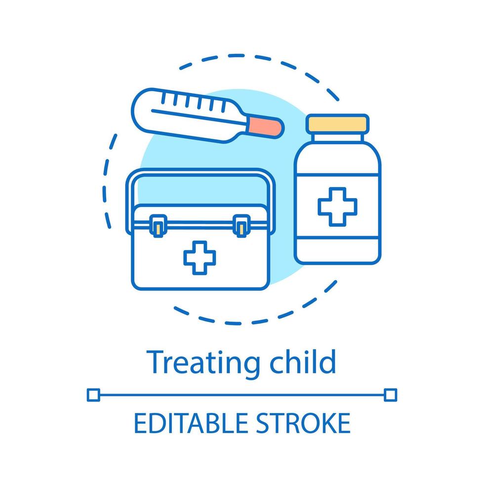 Treating child concept icon. Healthcare idea thin line illustration. High temperature. Flu, cold. Ambulance. Medication. Pills bottle, thermometer. Vector isolated outline drawing. Editable stroke
