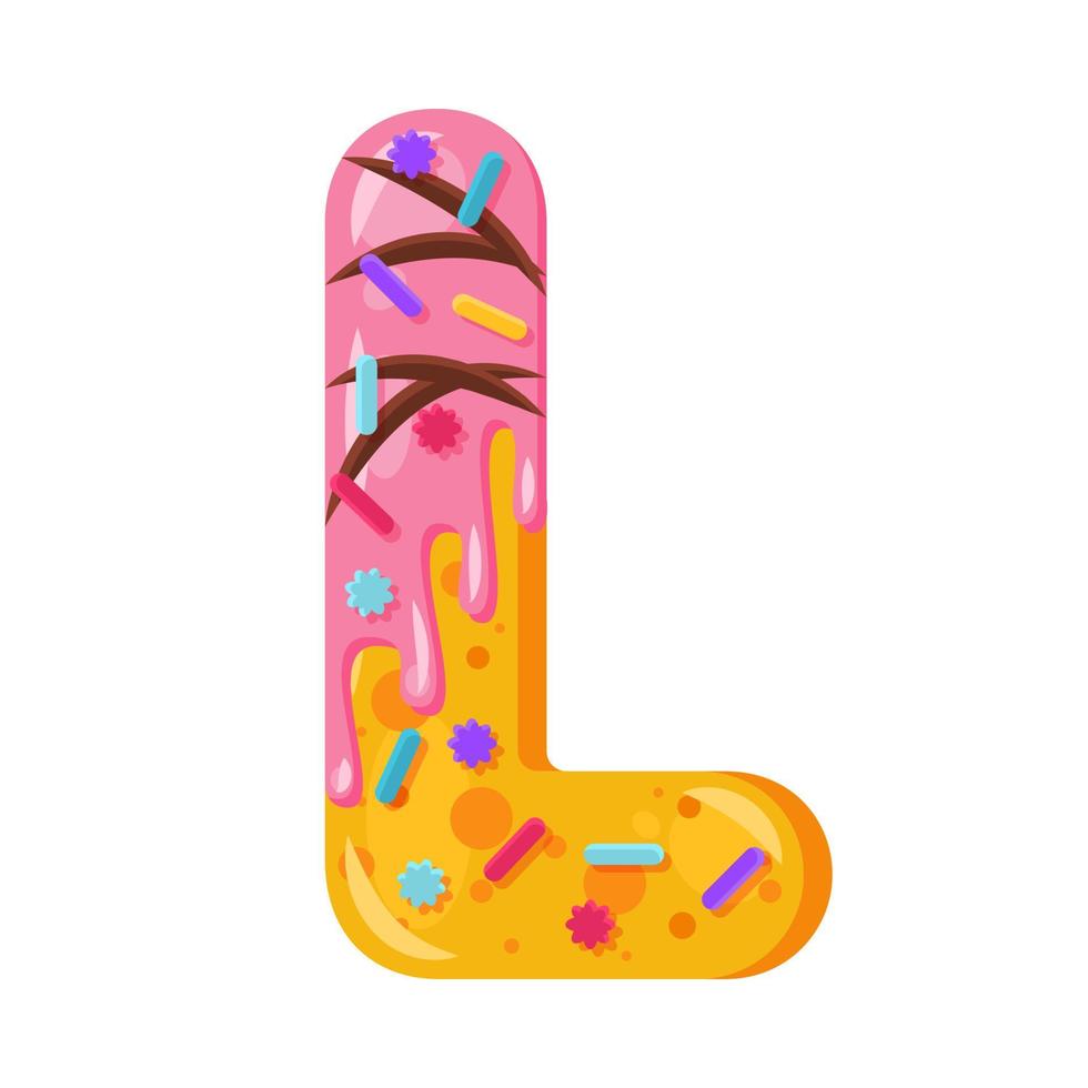 Donut cartoon L letter vector illustration. Biscuit bold font style. Glazed capital letter with icing. Tempting flat design typography. Cookie alphabet. Pastry, bakery isolated clipart