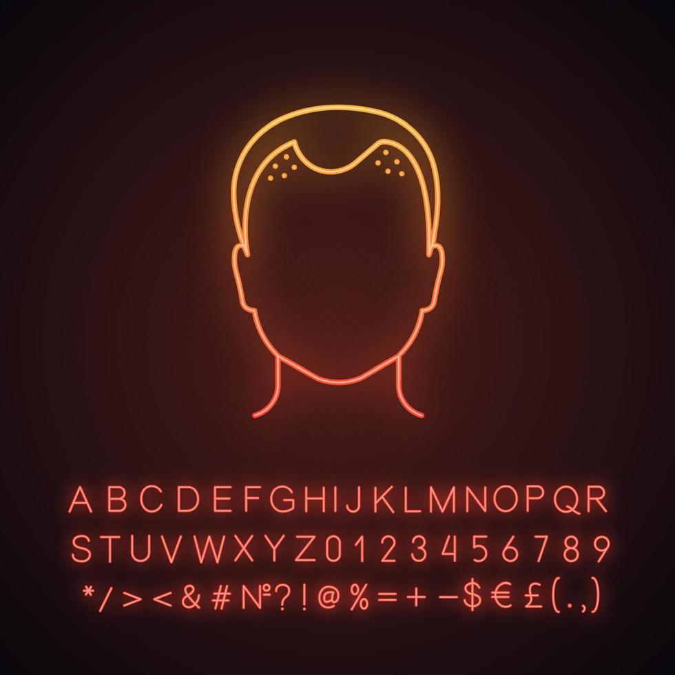 Hair loss neon light icon. Balding. Declining testosterone. Low T level sign. Alopecia, baldness. Men aging. Glowing sign with alphabet, numbers and symbols. Vector isolated illustration
