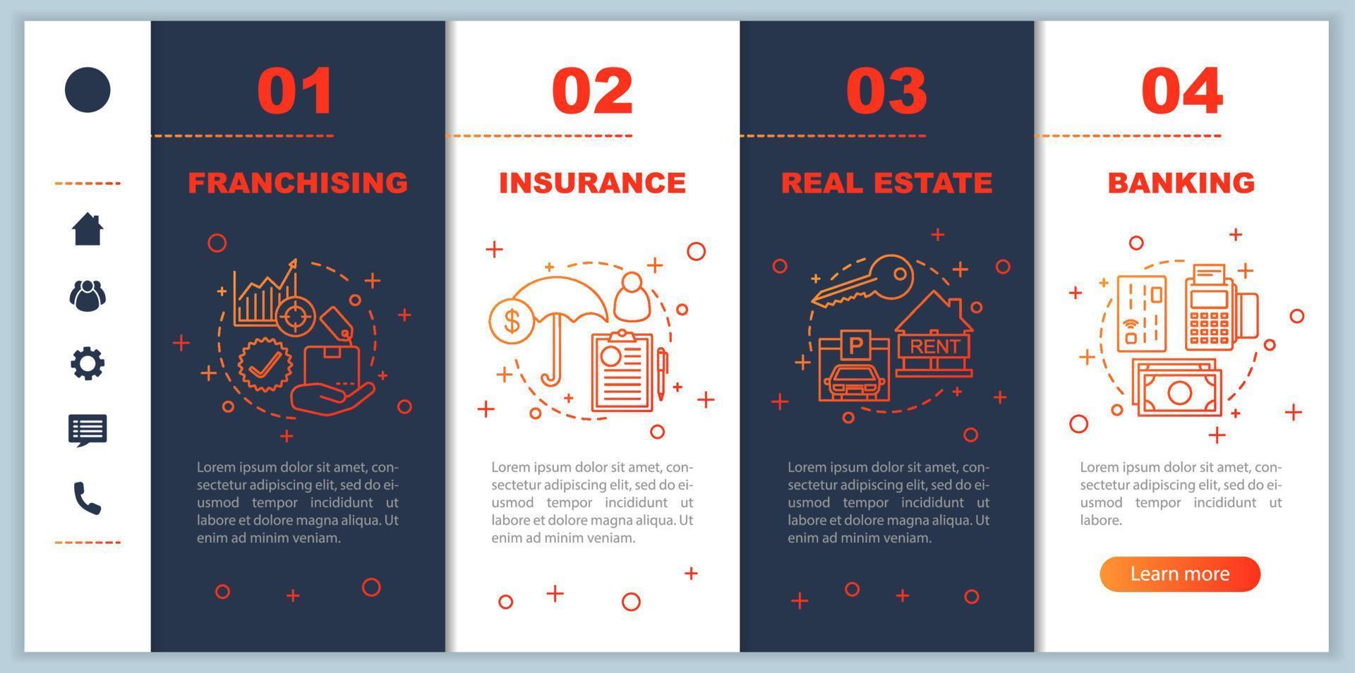 Insurance onboarding mobile app page screen vector template. Investment. Finances. Banking, franchising walkthrough website steps with linear illustrations. UX, UI, GUI smartphone interface concept