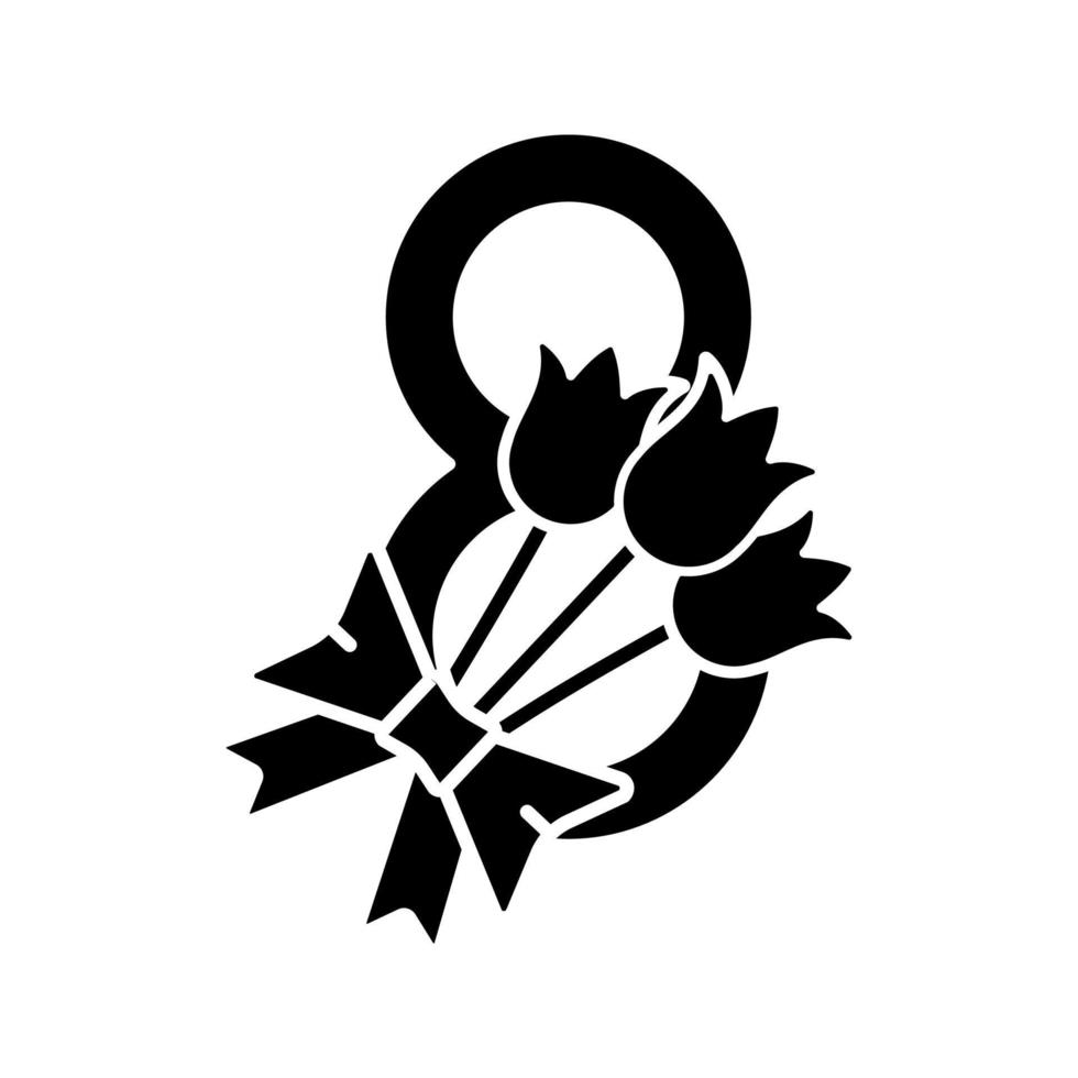 International Women's Day glyph icon. Flowers bouquet and number 8. March 8th. Silhouette symbol. Negative space. Vector isolated illustration