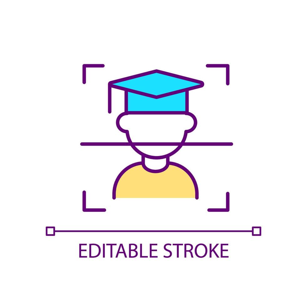 Biometric student identification RGB color icon. Facial authentication. Monitoring attendance in school. Isolated vector illustration. Simple filled line drawing. Editable stroke.