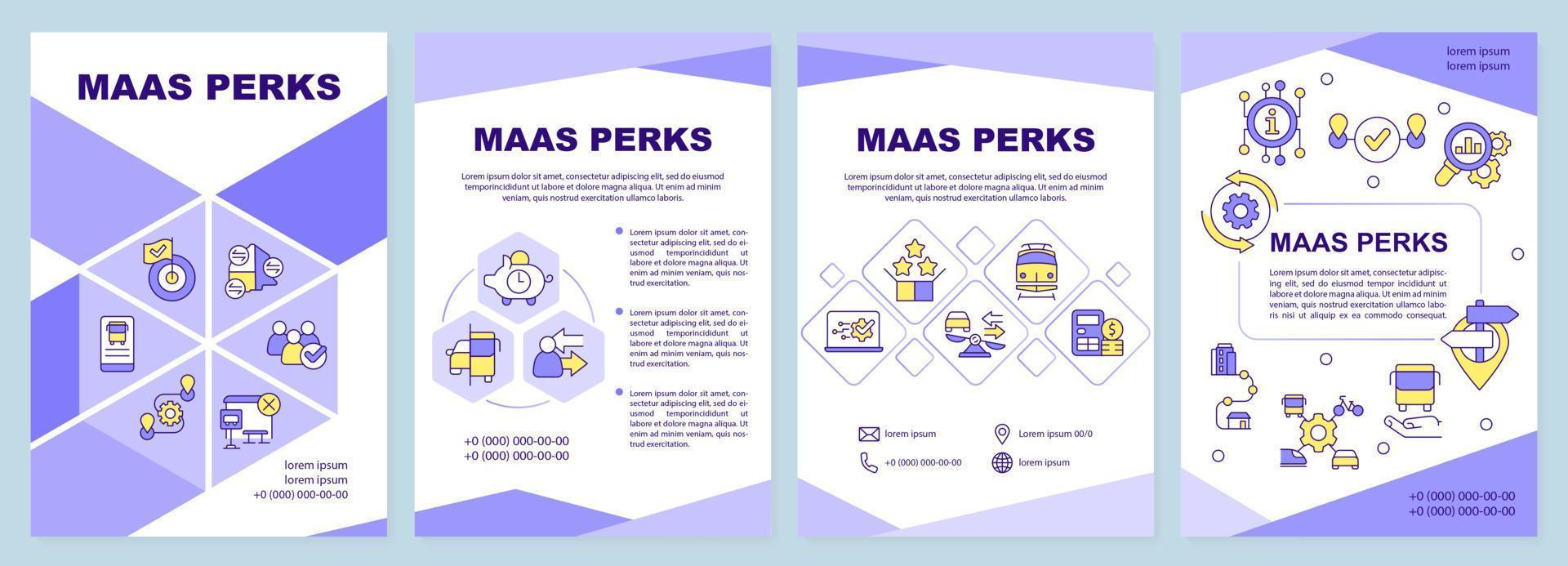 MaaS perks purple brochure template. Advantages for users. Leaflet design with linear icons. Editable 4 vector layouts for presentation, annual reports.