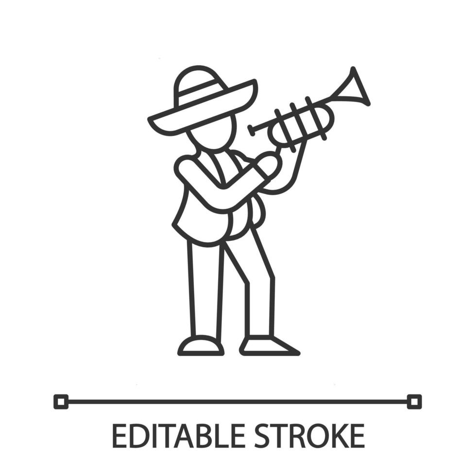Mexican with trumpet linear icon. Latin musician. Trumpeter in sombrero. Thin line illustration. Contour symbol. Vector isolated outline drawing. Editable stroke