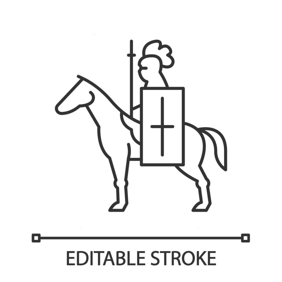 Horse knight with flag linear icon. Medieval soldier horseback with standard and lance. Warrior in full armor. Thin line illustration. Contour symbol. Vector isolated outline drawing. Editable stroke