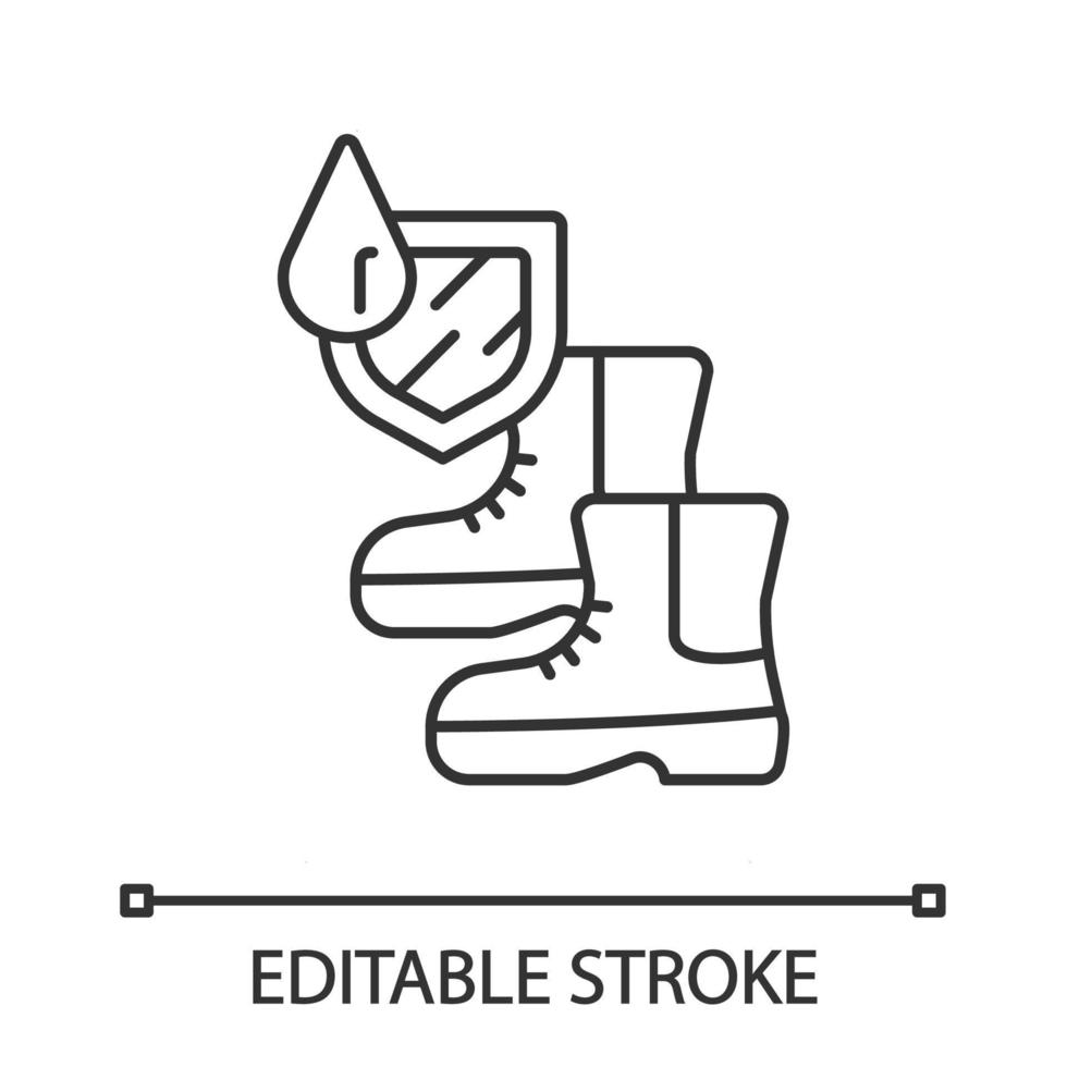 Waterproof boots linear icon. Water resistant shoes. Rainproof footwear. Hydrophobic, waterproofing material. Thin line illustration. Contour symbol. Vector isolated outline drawing. Editable stroke