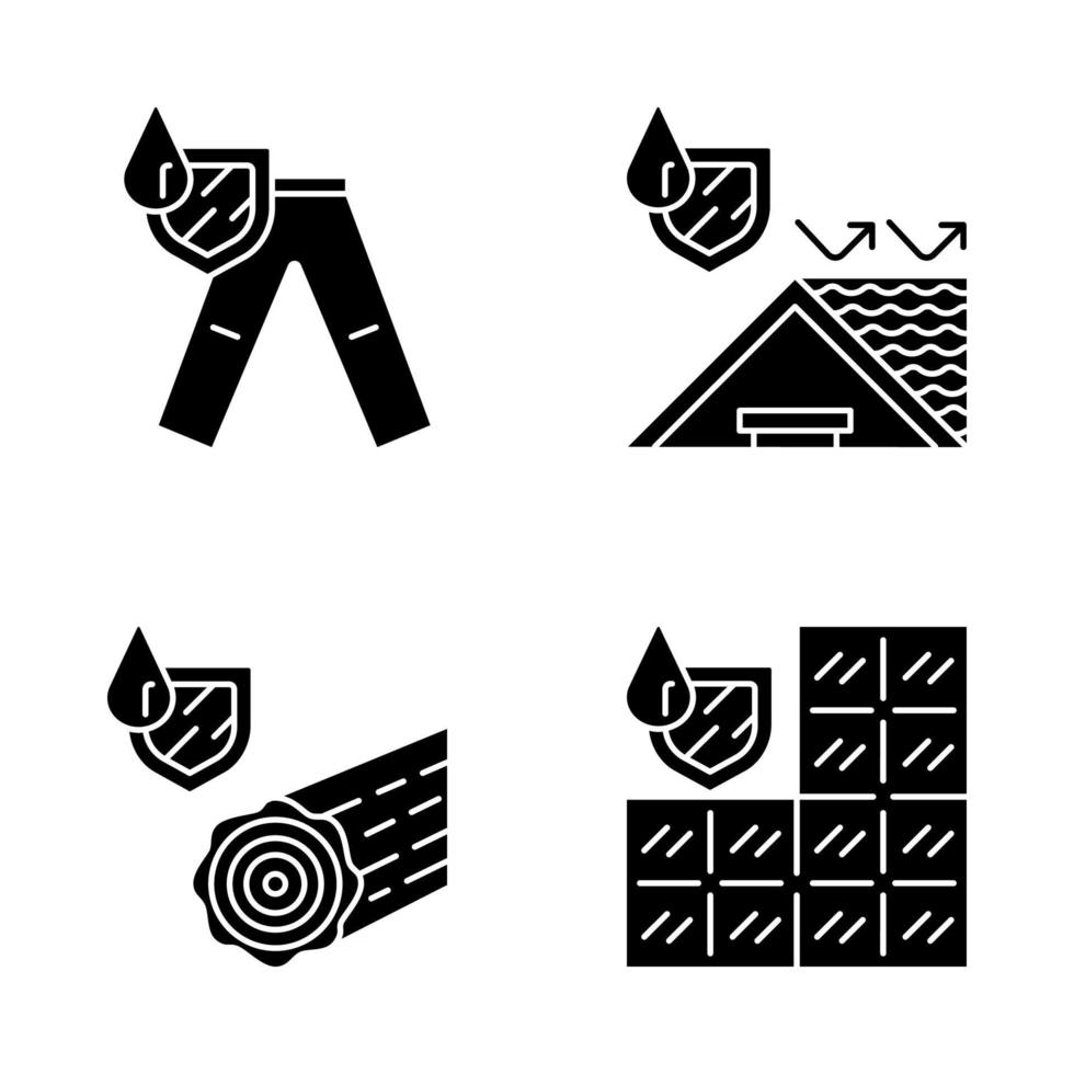 Waterproofing glyph icons set. Water resistant materials, clothing. Waterproof trousers, roof, wood, tile. Liquid protection. Hydrophobic technology. Silhouette symbols. Vector isolated illustration