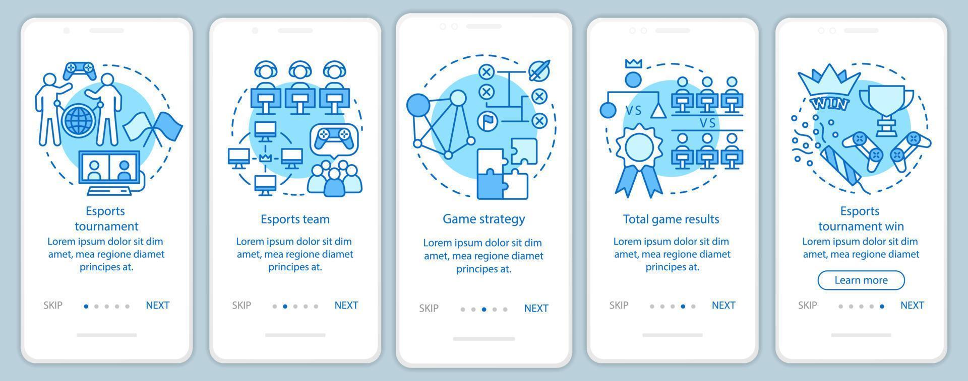 Esports tournament onboarding mobile app page screen vector template. Online video game championship. Walkthrough website steps with linear illustrations. UX, UI, GUI smartphone interface concept