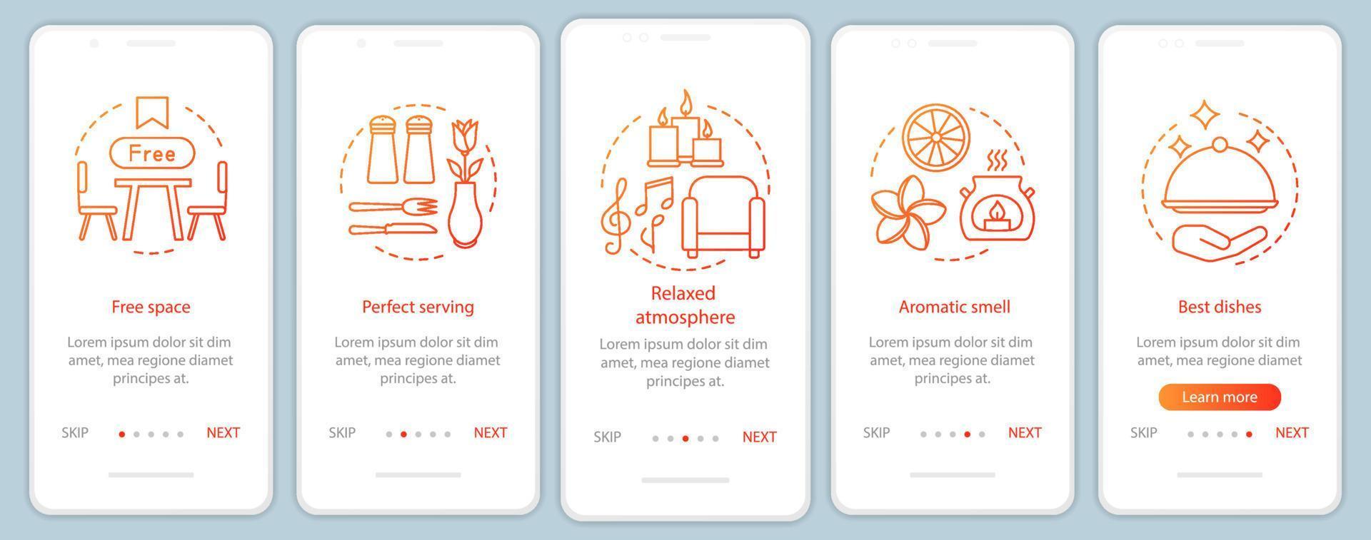 Food service onboarding mobile app page screen with linear concepts. Eat and relax. Restaurant reservation walkthrough steps graphic instructions. UX, UI, GUI vector template with illustrations