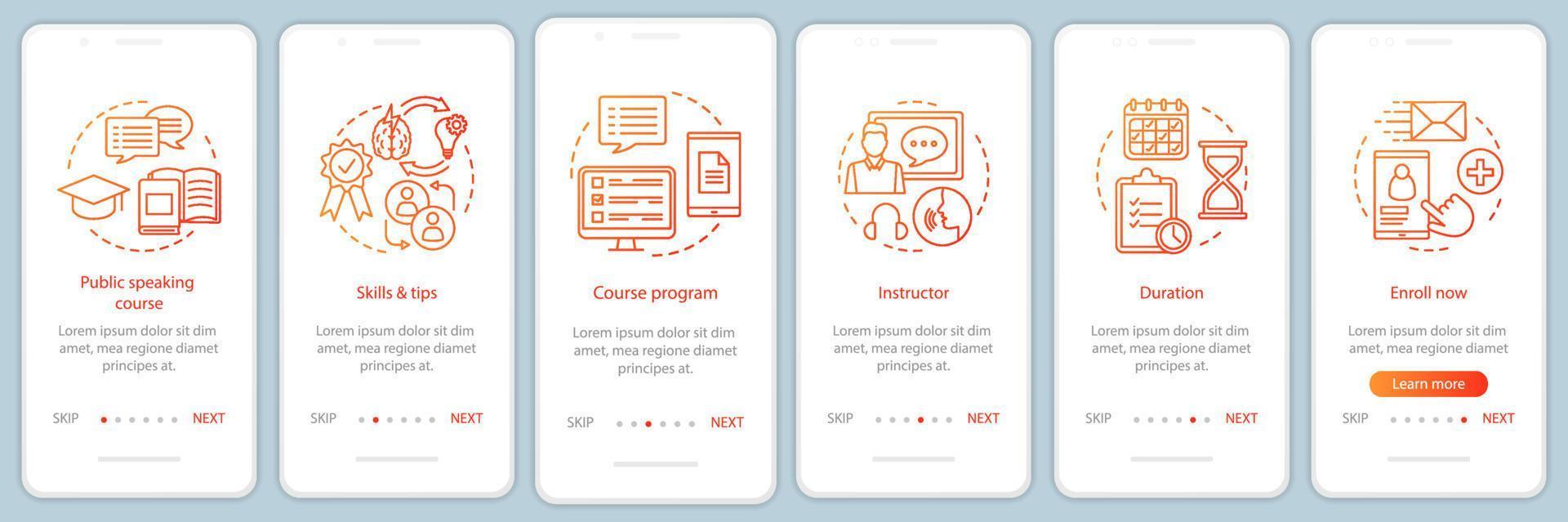 Public speaking skill classes onboarding mobile app page screen vector template. Professional speakers school. Walkthrough website steps with linear icons. UX, UI, GUI smartphone interface concept