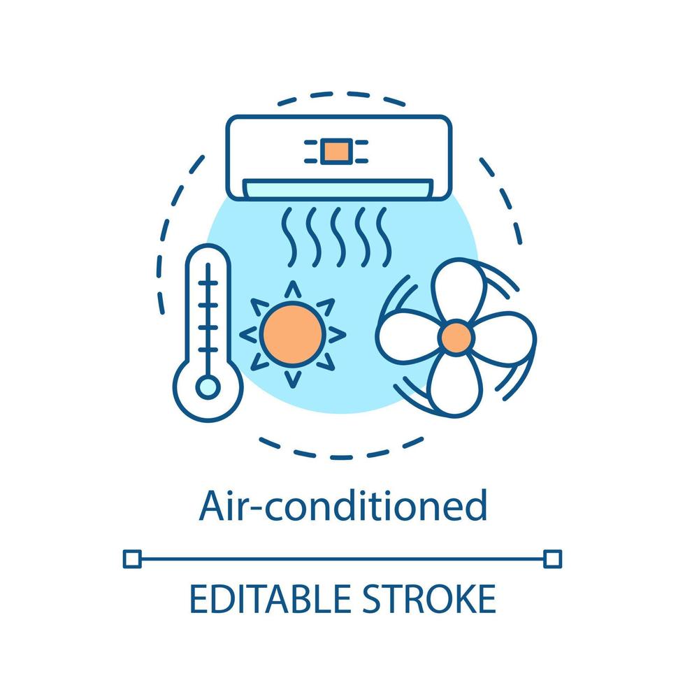 Air-conditioned concept icon. Cooling system. Ventilation. Air conditioner, cooler. Hotel amenity idea thin line illustration. Vector isolated outline drawing. Editable stroke