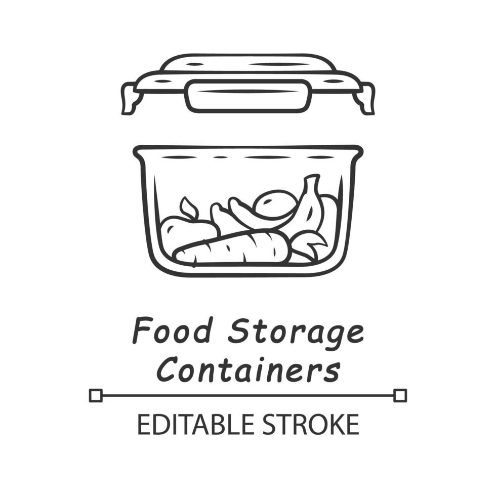 Food storage container linear icon. Plastic packaging. Reusable lunch box. Fresh fruits, vegetables storage. Thin line illustration. Contour symbol. Vector isolated outline drawing. Editable stroke