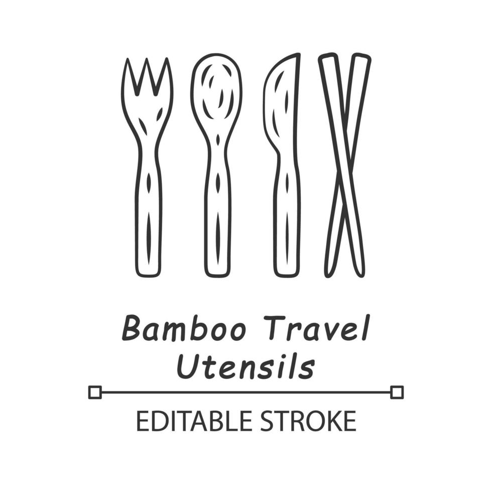 Bamboo travel utensils linear icon. Reusable spoon, fork, knife, sticks. Wooden cutlery. Kitchen essentials. Thin line illustration. Contour symbol. Vector isolated outline drawing. Editable stroke