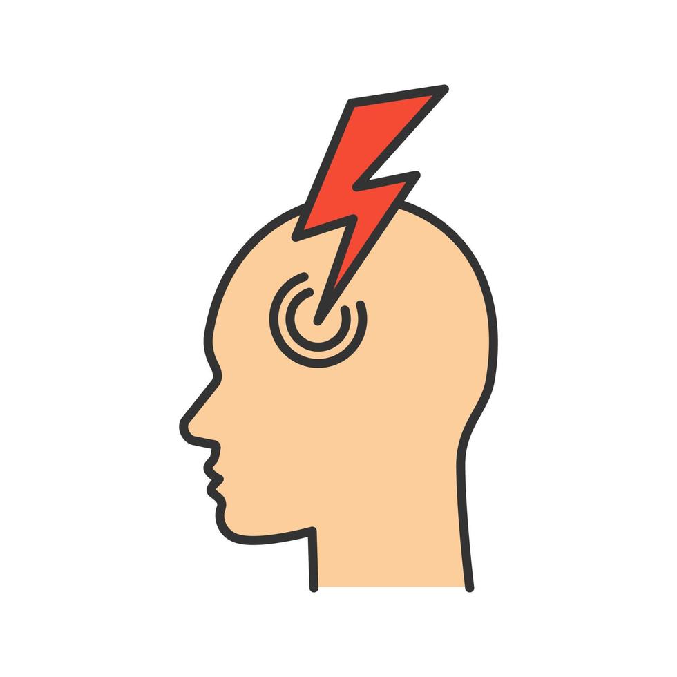 Migraine color icon. Human head with lightning bolt. Thunderclap headache. Temple pressure, tension, pain. Flu symptom. Isolated vector illustration