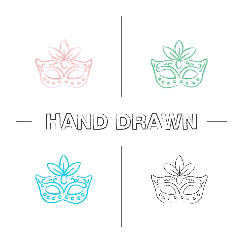 Mardi Gras hand drawn icons set. Fat Tuesday. Carnival mask. Masquerade ball. Color brush stroke. Isolated vector sketchy illustrations