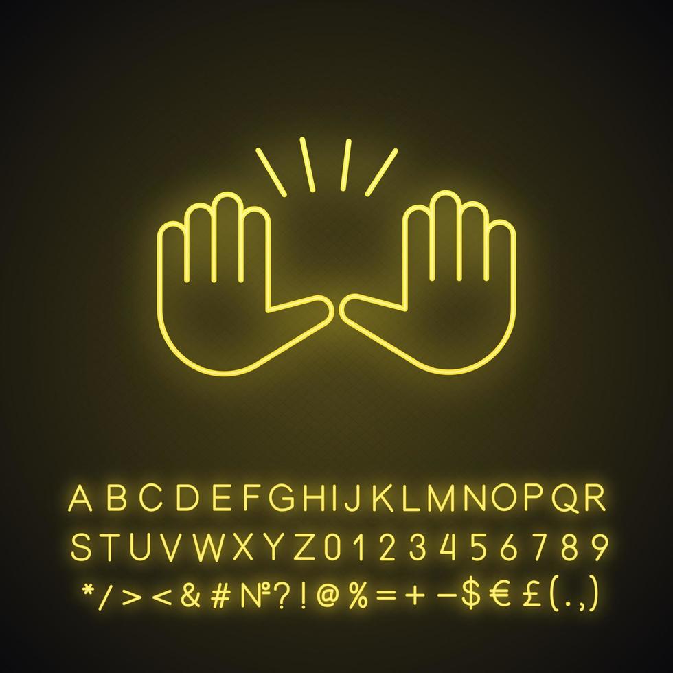 Raising hands gesture neon light icon. Stop, surrender gesturing. Waving two palms emoji. Glowing sign with alphabet, numbers and symbols. Vector isolated illustration