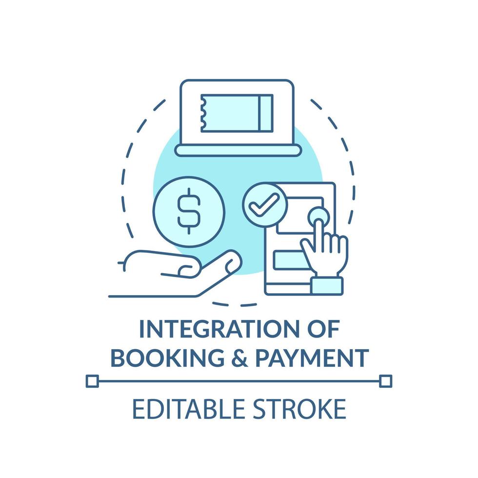 Integration of booking and payment turquoise concept icon. Maas integration level abstract idea thin line illustration. Isolated outline drawing. Editable stroke. vector