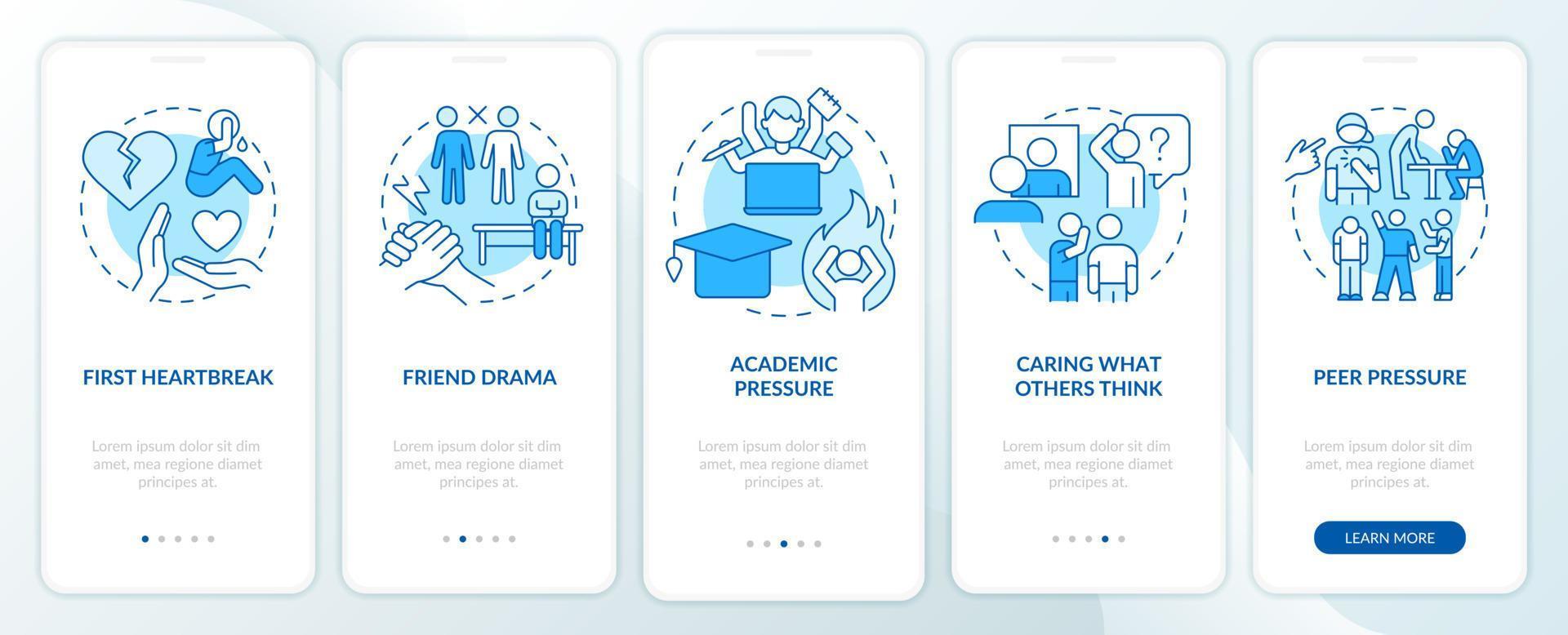 Main struggles of teenage life blue onboarding mobile app screen. Walkthrough 5 steps editable graphic instructions with linear concepts. UI, UX, GUI template. vector