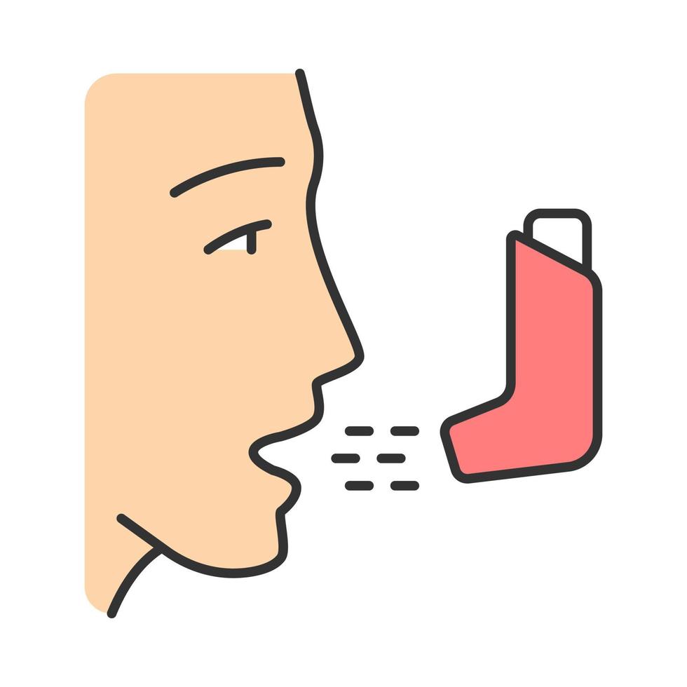 Asthma inhaler color icon. Pulmonary, respiratory disease treatment medical device. Breathing trainer. Oral medication delivery. Inhaling medicnes. Metered dose inhaler. Isolated vector illustration