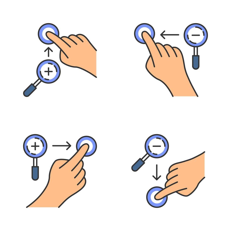 Touchscreen gestures color icons set. Zoom in vertical, zoom out vertical gesturing. Zoom in horizontal and zoom out horizontal. Human fingers. Isolated vector illustrations