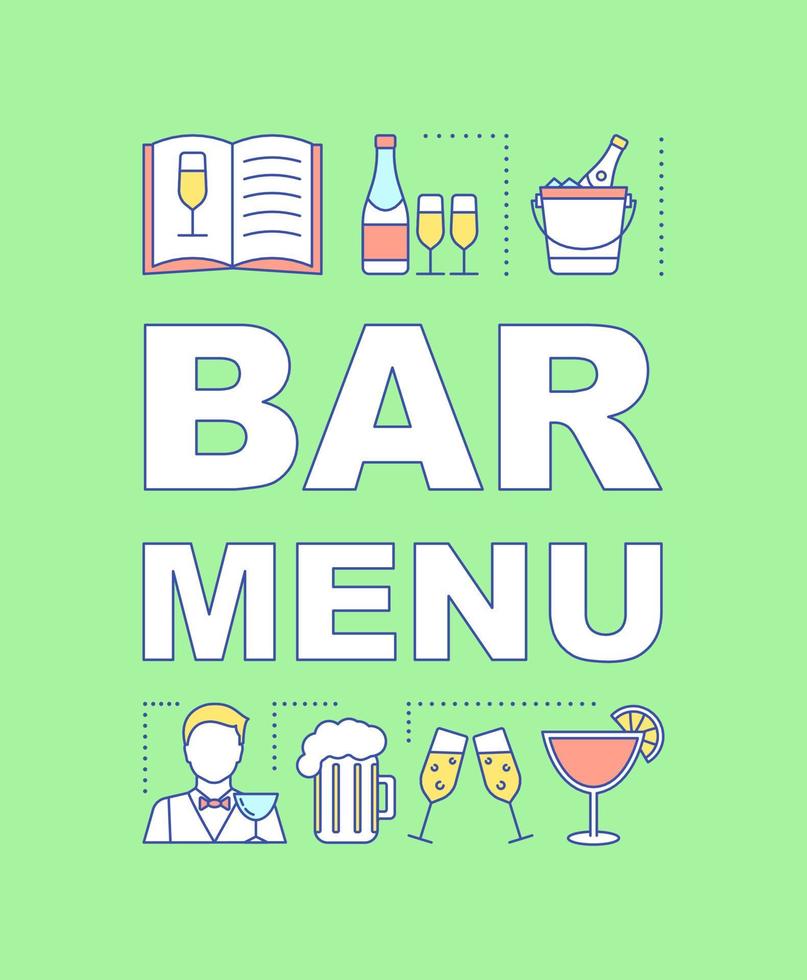 Bar menu word concepts banner. Alcohol drink map. Alcoholic beverages. Alco party. Presentation, website. Isolated lettering typography idea with linear icons. Vector outline illustration
