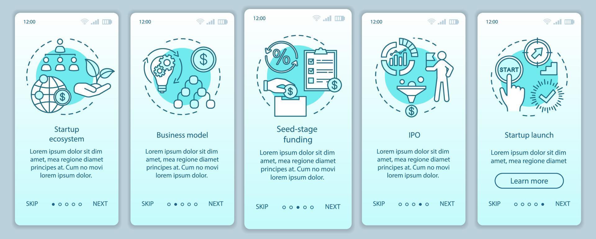 Startup investment onboarding mobile app page screen with linear concepts. Business funding, budgeting walkthrough steps graphic instructions. UX, UI, GUI vector template with illustrations