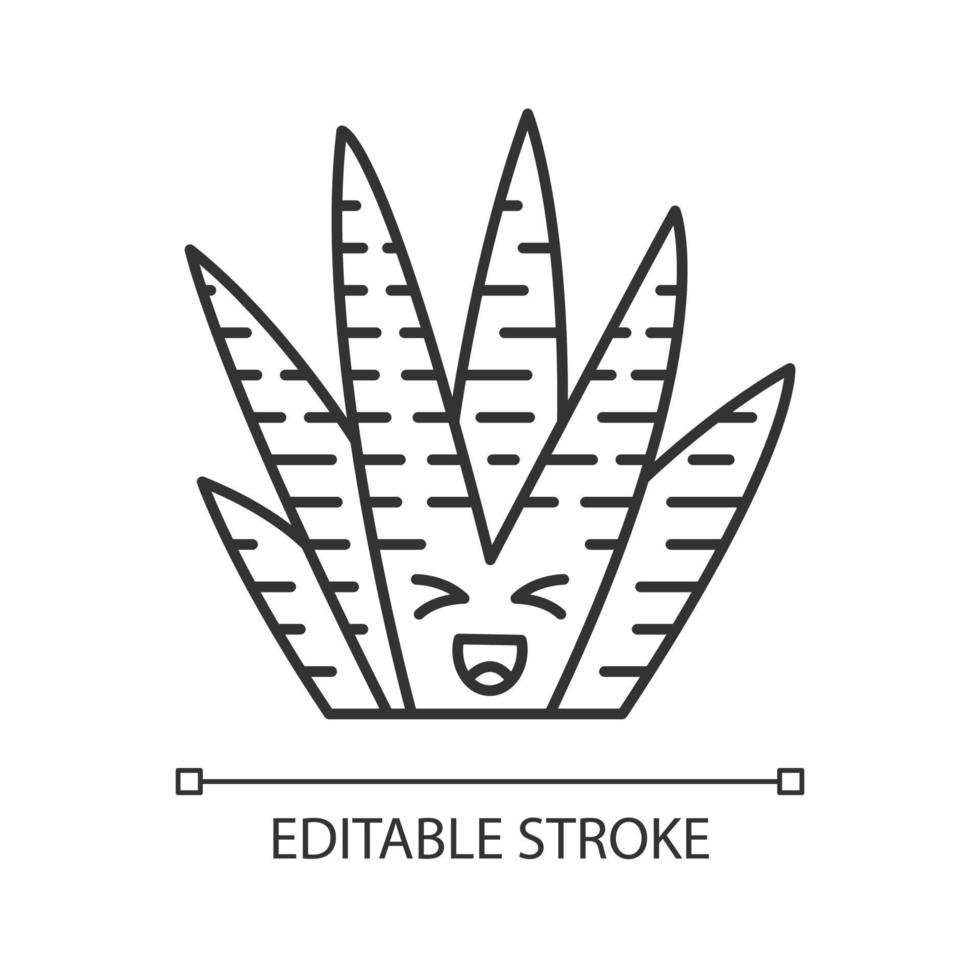 Zebra cactus cute kawaii linear character. Cacti with laughing face. Happy Haworthia. Small succulent plant with squinting eyes. Thin line icon. Vector isolated outline illustration. Editable stroke