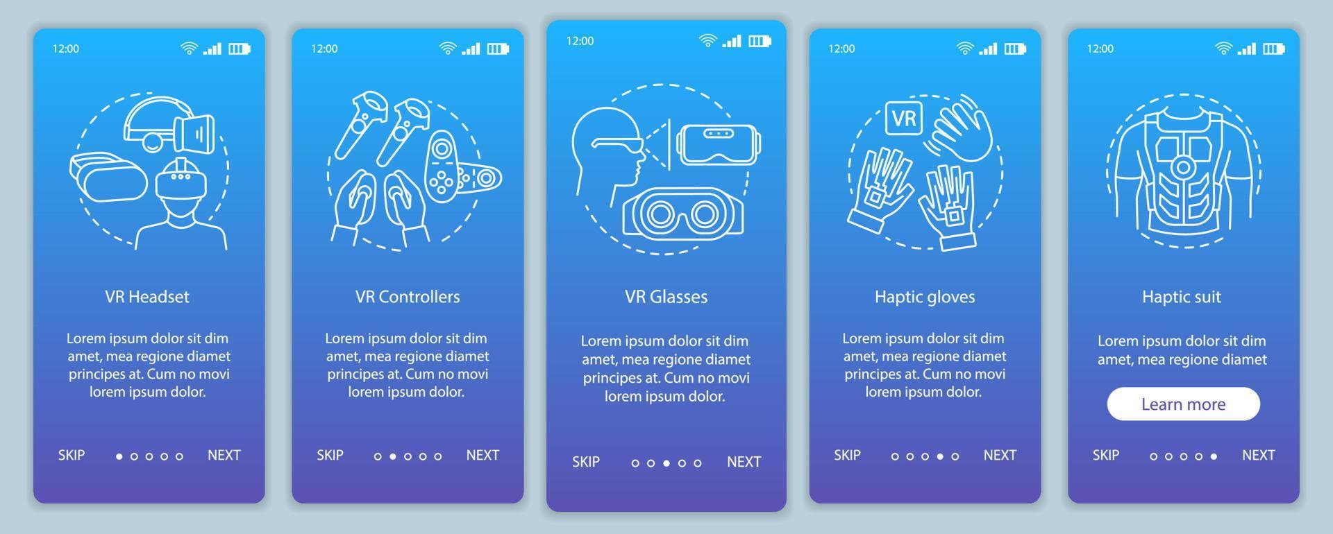 Virtual reality equipment onboarding mobile app page screen with linear concept. VR helmet, controller, cybergloves, suit walkthrough steps graphic instructions. UX, UI, GUI vector template with icons