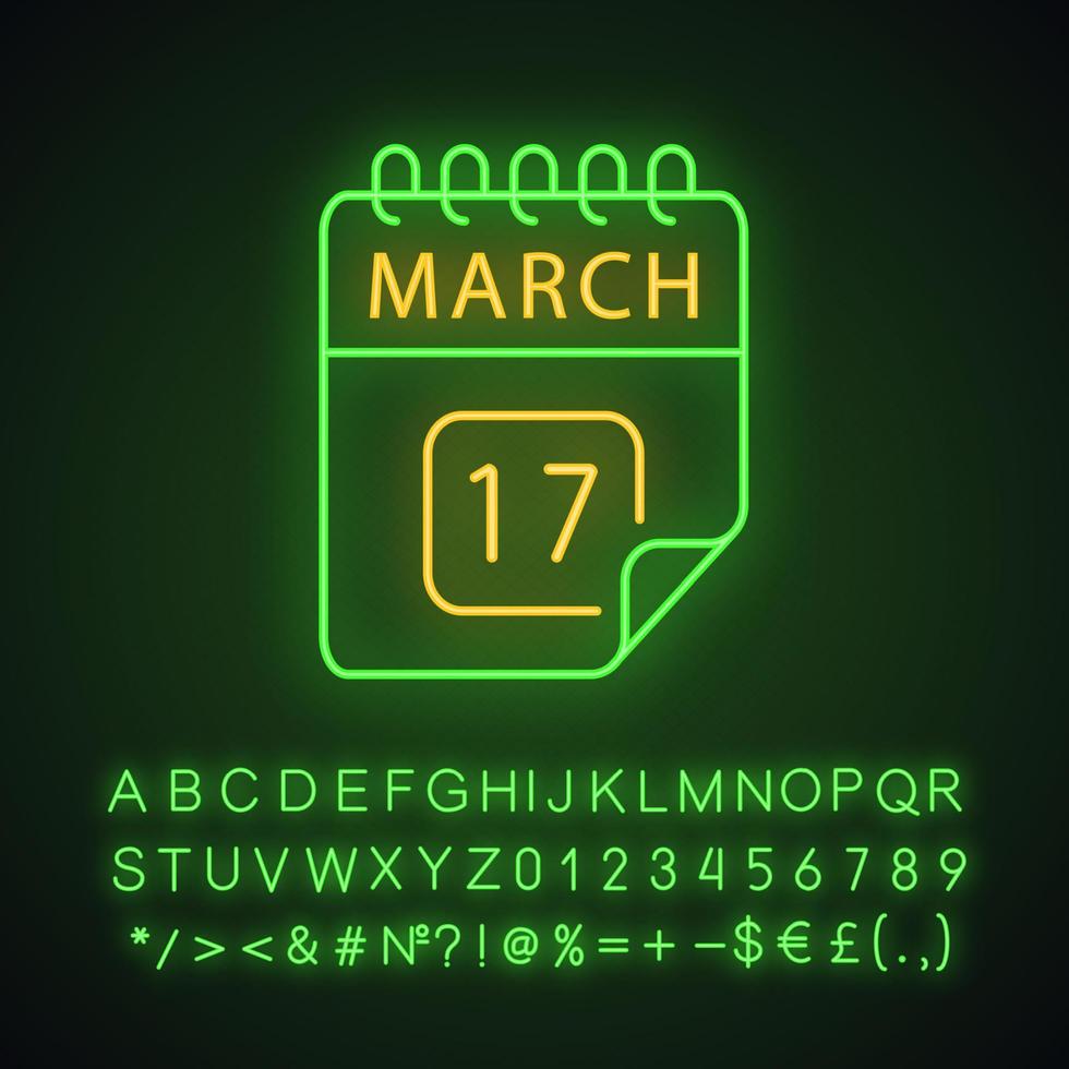 March 17 neon light icon. Saint Patrick Day. Calendar date. Glowing sign with alphabet, numbers and symbols. Vector isolated illustration