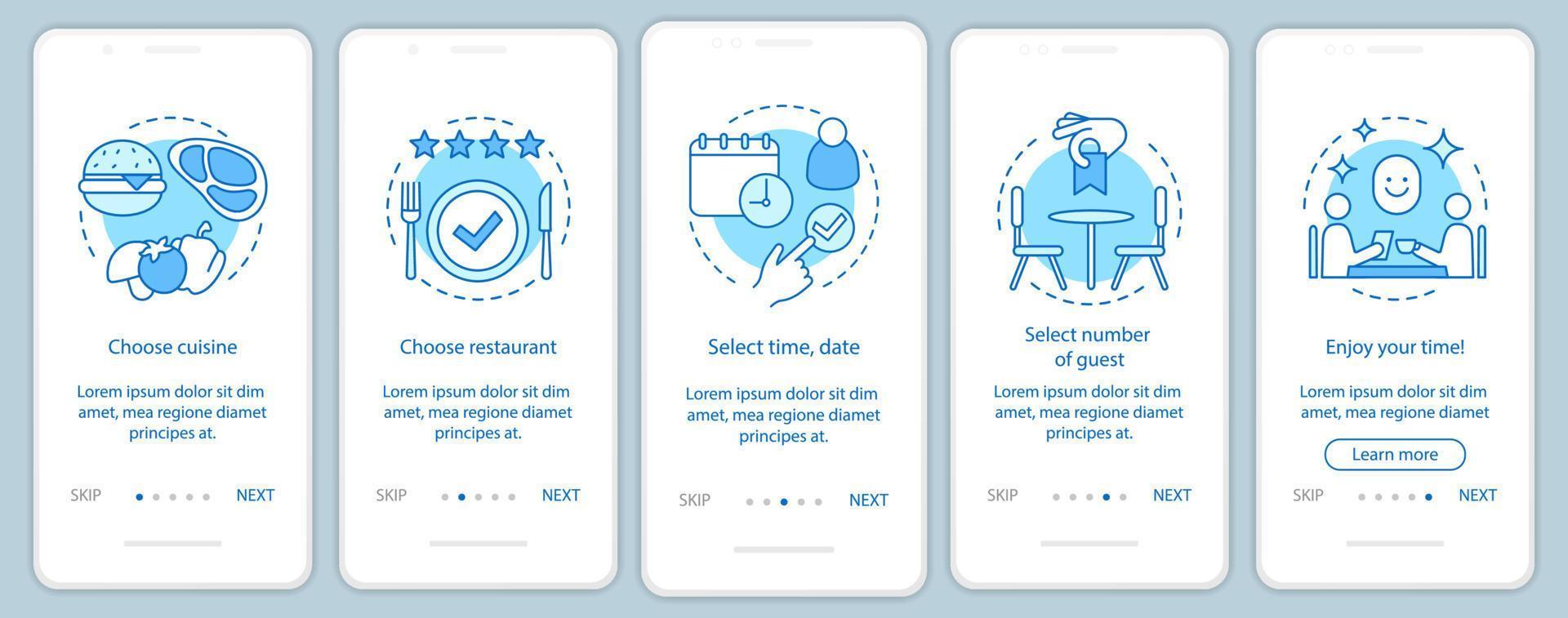 plantilla de vector de pantalla de página de aplicación móvil de incorporación de restaurante. comida del café invitado del evento. menú de cena coulsine. paso a paso del sitio web con ilustraciones lineales. concepto de interfaz de teléfono inteligente ux, ui, gui