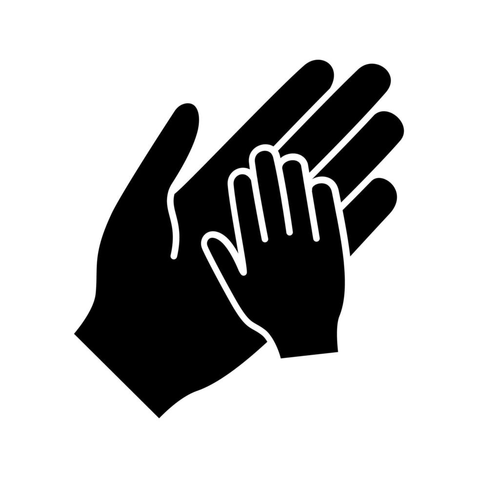 Orphan glyph icon. Silhouette symbol. Adoption. Parent and child hands together. Child rights protection. Charity for children. Orphanage. Parenthood. Negative space. Vector isolated illustration