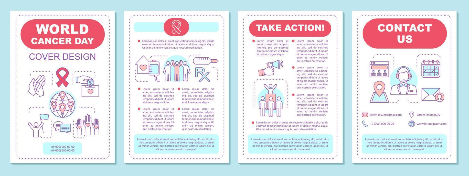 World cancer day brochure template layout. Oncology. Cancer awareness and prevention. Flyer, booklet, leaflet print design. Global health. Vector page layouts for magazines, annual reports, posters