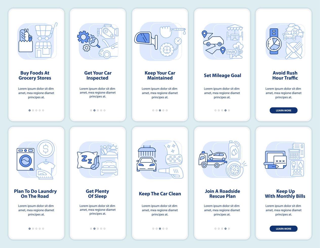 Road trip planning light blue onboarding mobile app screen set. Walkthrough 5 steps editable graphic instructions with linear concepts. UI, UX, GUI template. vector