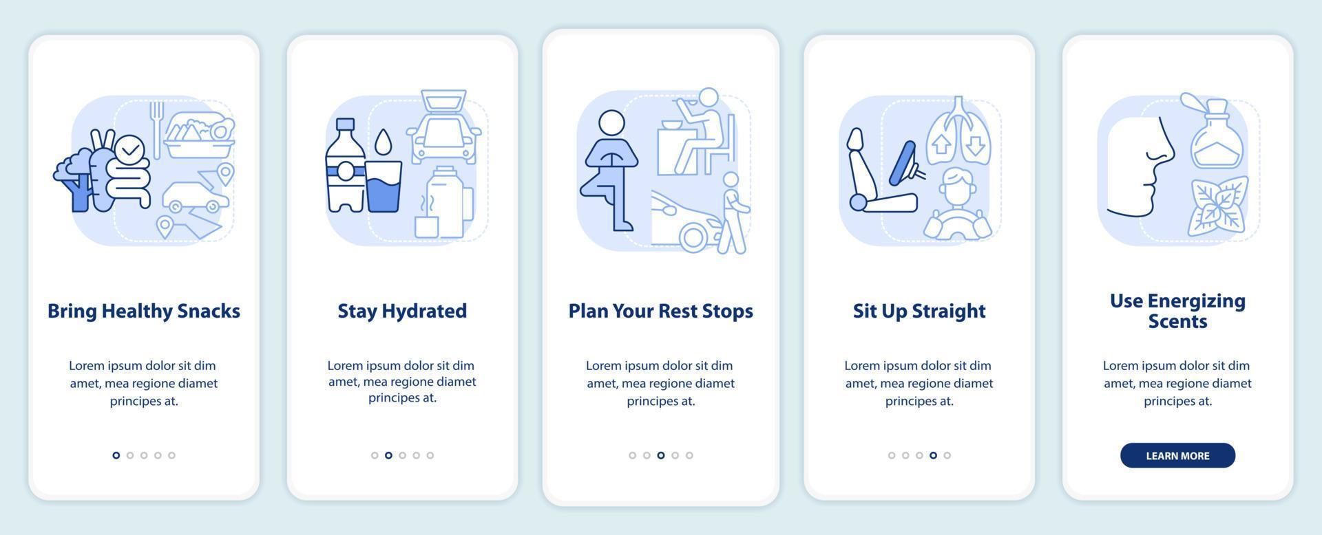 Road trip healthy habits light blue onboarding mobile app screen. Walkthrough 5 steps editable graphic instructions with linear concepts. UI, UX, GUI template. vector