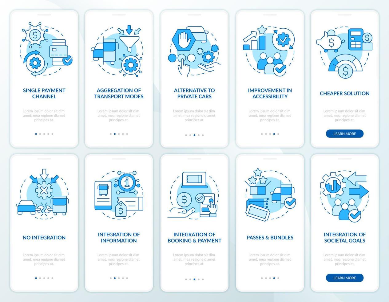 conjunto de pantalla de aplicación móvil de incorporación de servicios de movilidad azul. tutorial de transporte 5 pasos instrucciones gráficas editables con conceptos lineales. interfaz de usuario, ux, plantilla de interfaz gráfica de usuario. vector