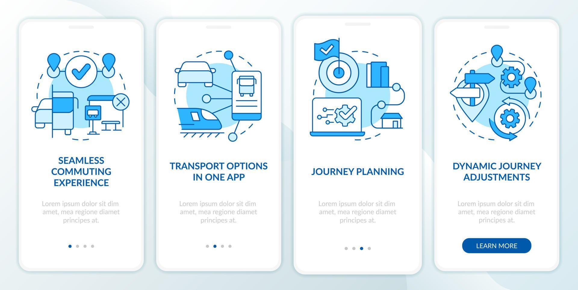 MaaS perks blue onboarding mobile app screen. Mobility services walkthrough 4 steps editable graphic instructions with linear concepts. UI, UX, GUI template. vector