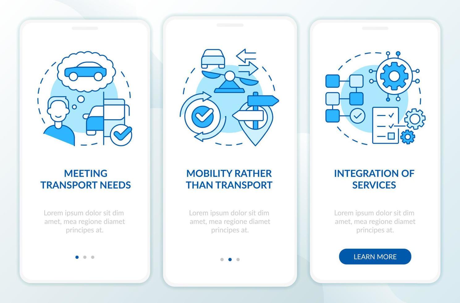 MaaS concept components blue onboarding mobile app screen. Transport walkthrough 3 steps editable graphic instructions with linear concepts. UI, UX, GUI template. vector