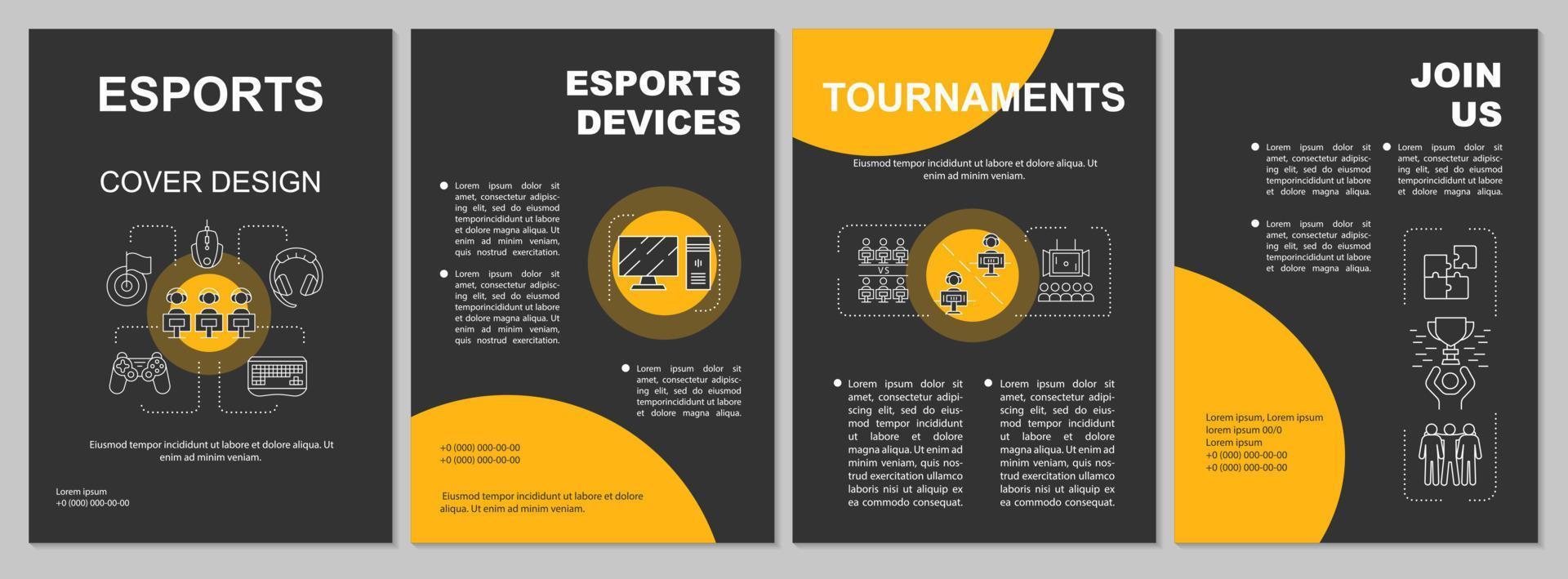 diseño de plantilla de folleto de esports. e torneos deportivos, dispositivos. folleto, folleto, diseño de impresión de folleto con ilustraciones lineales. diseños de páginas vectoriales para revistas, informes anuales, carteles publicitarios vector