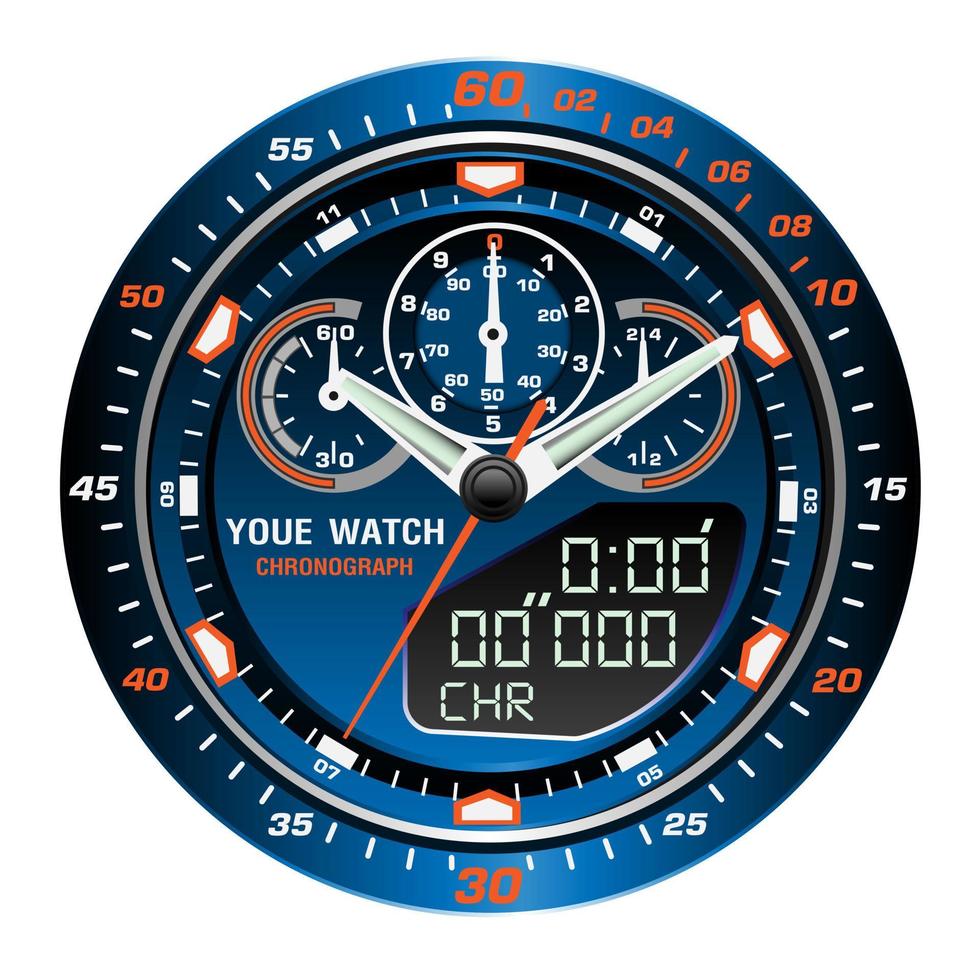 Blue clock face wristwatch chronograph isolated design vector