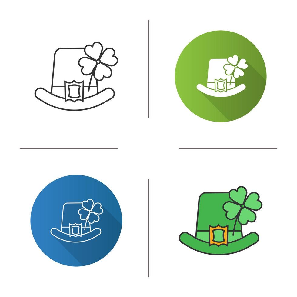 Saint Patrick's Day icon. March 17th. Leprechaun hat with four leaf clover. Flat design, linear and color styles. Isolated vector illustrations