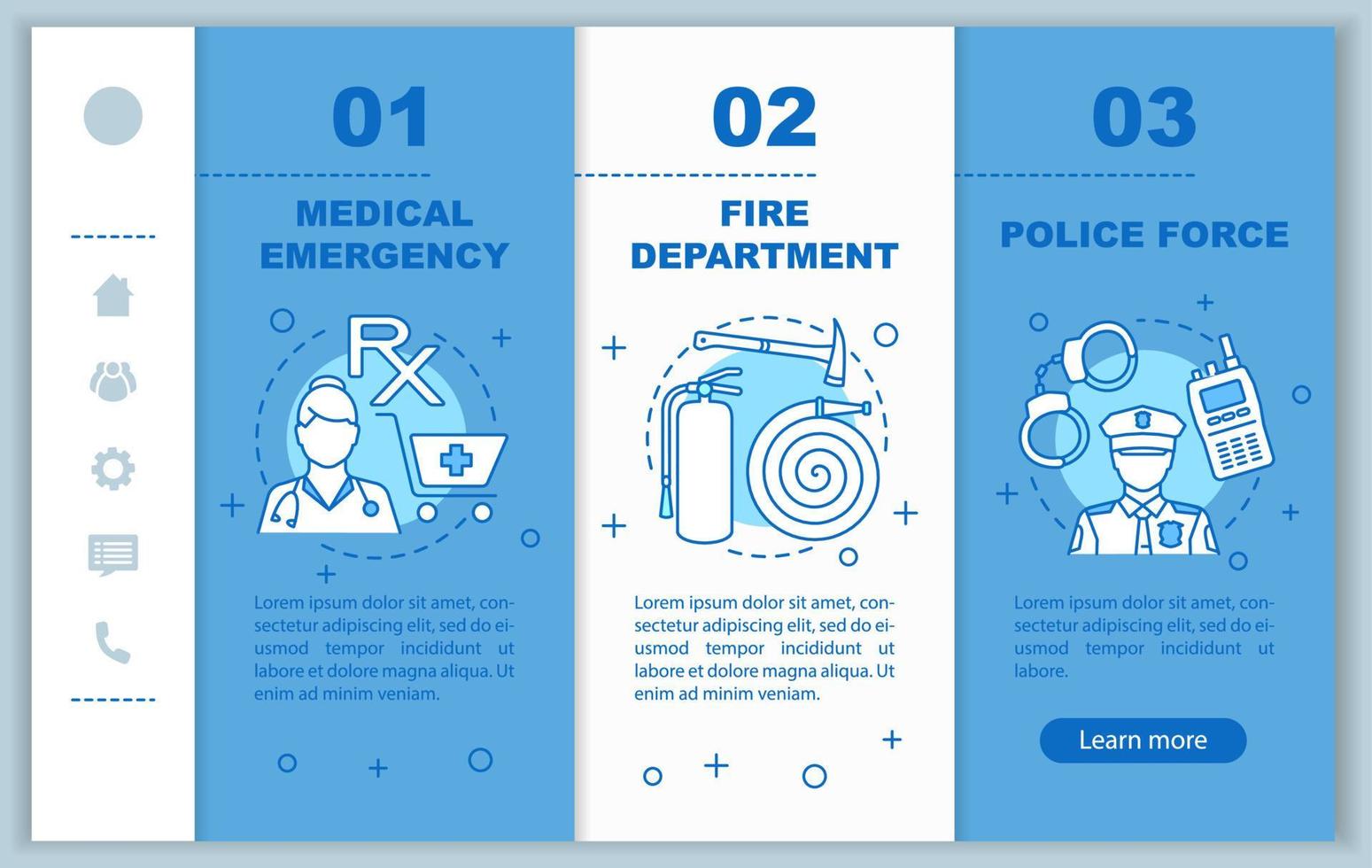 plantilla de vector de pantalla de página de aplicación de servicios de emergencia. cumplimiento de la ley. sitio web de emergencia médica, bomberos, departamento de policía con ilustraciones lineales. ux, ui, concepto de interfaz de teléfono inteligente gui