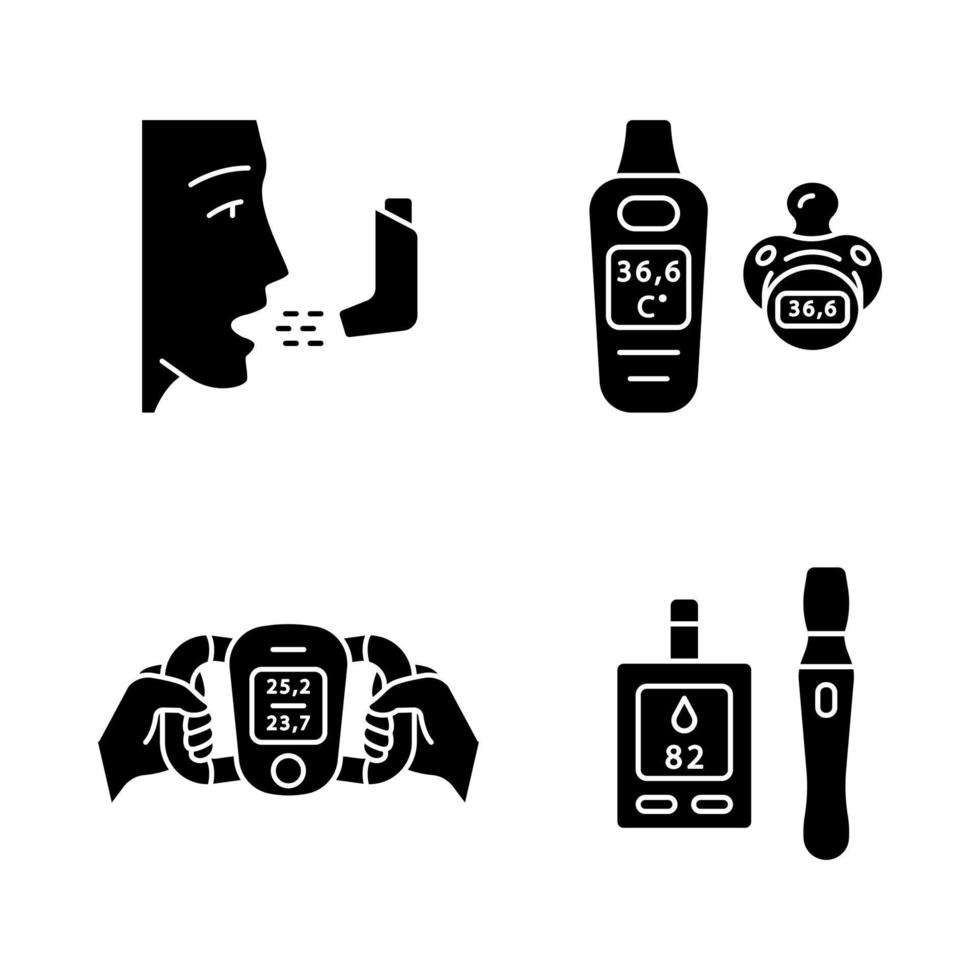 Medical devices glyph icons set. Inhaler, baby thermometer, body fat monitor, blood sugar test. Breathing trainer, temperature monitor, glucometer. Silhouette symbols. Vector isolated illustration