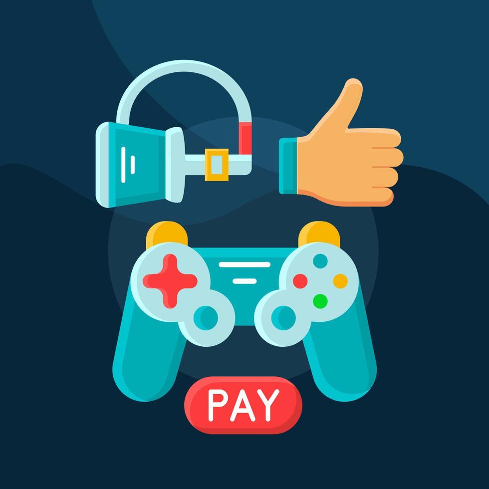 Pay to play flat concept vector icon. Digital entertainment idea cartoon color illustrations set. Play games. VR. Isolated graphic design element