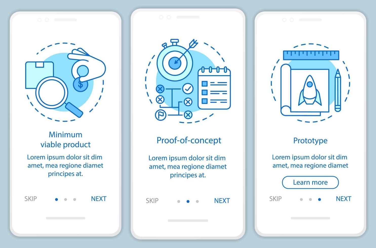 Startup testing onboarding mobile app page screen with linear concepts. Product test. MVP, POC, prototype walkthrough steps graphic instructions. UX, UI, GUI vector template with illustrations