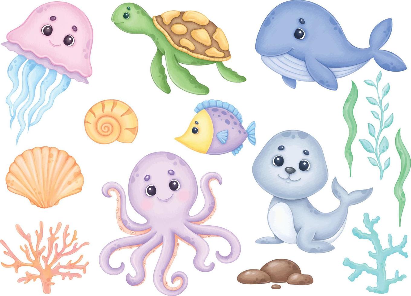 Underwater animal watercolor clipart vector